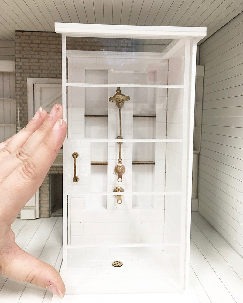 Miniature Dollhouse 1:12 Scale | Miniature Farmhouse Single White Shower White & Gold