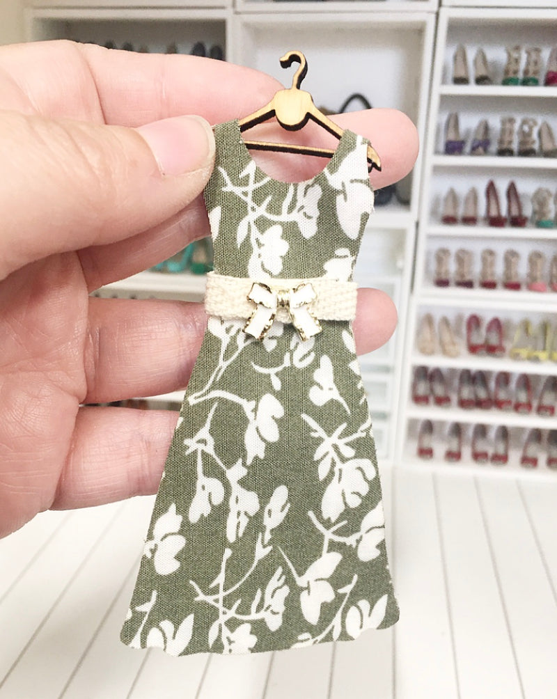 1:12 Scale | Miniature Farmhouse Dress On Hanger Olive Flowers