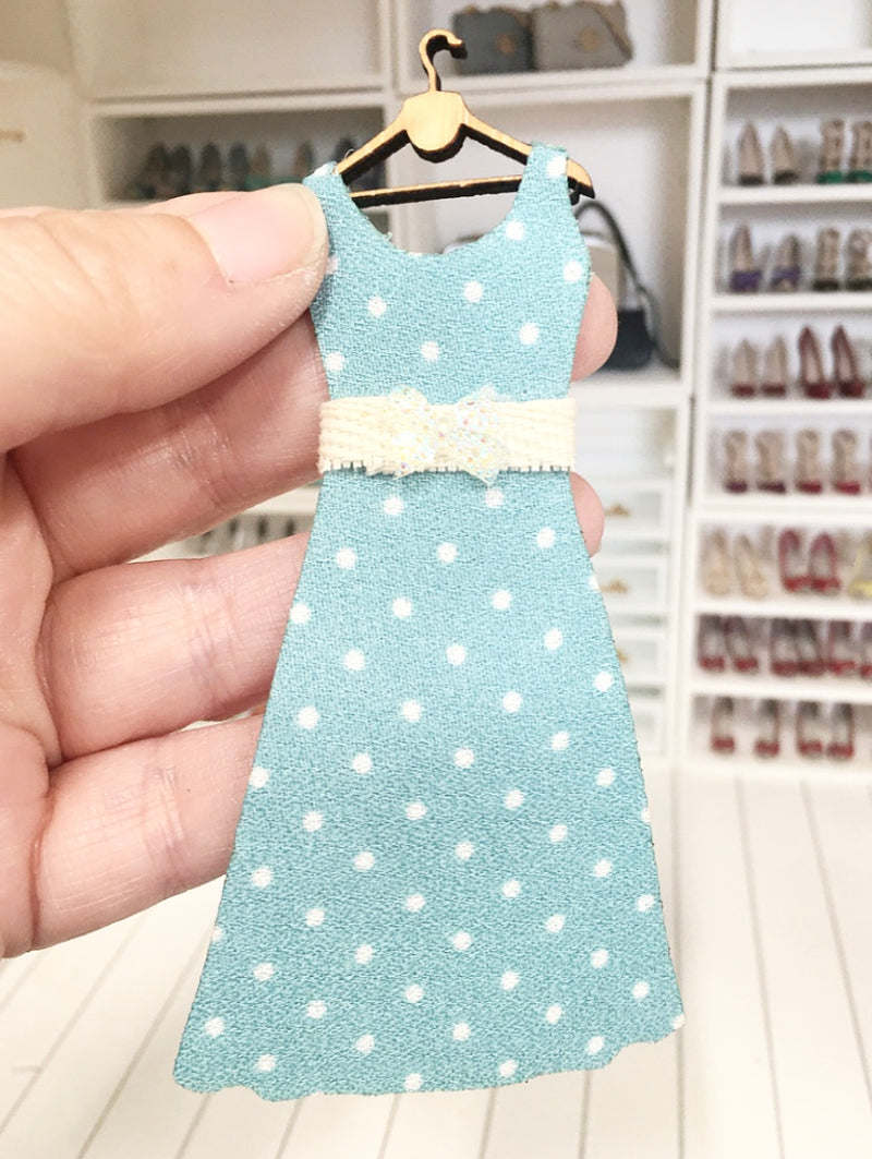 1:12 Scale | Miniature Farmhouse Dress On Hanger Blue Dots