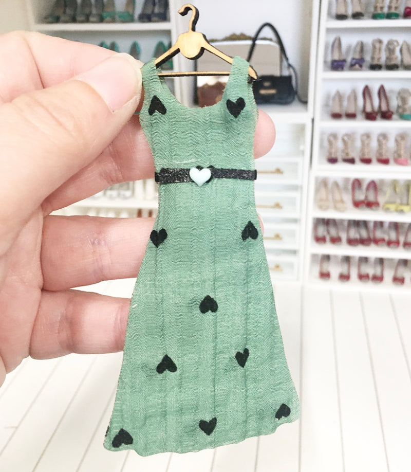 1:12 Scale | Miniature Farmhouse Dress On Hanger Green Hearts