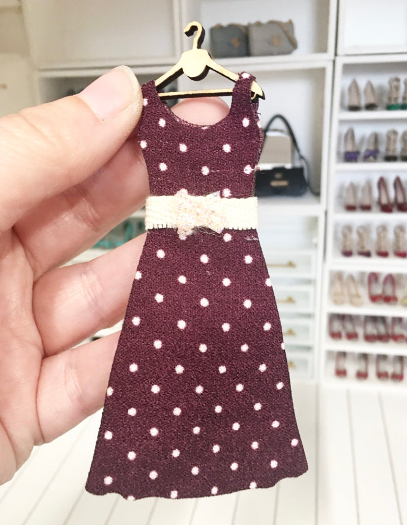 1:12 Scale | Miniature Farmhouse Dress On Hanger Burgundy Dots