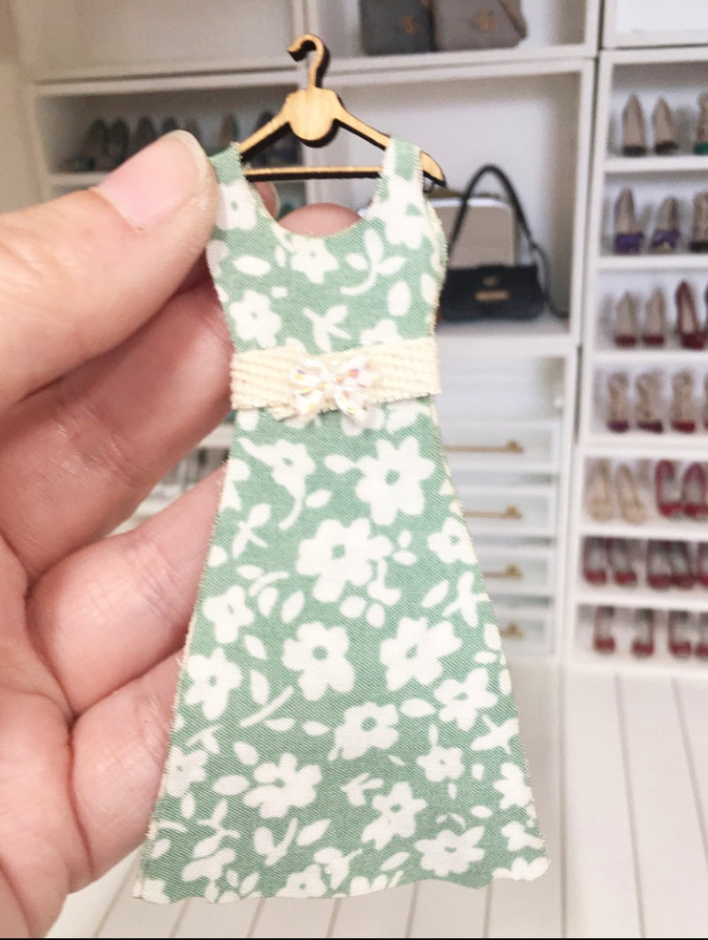 1:12 Scale | Miniature Farmhouse Dress On Hanger Light Green Flowers