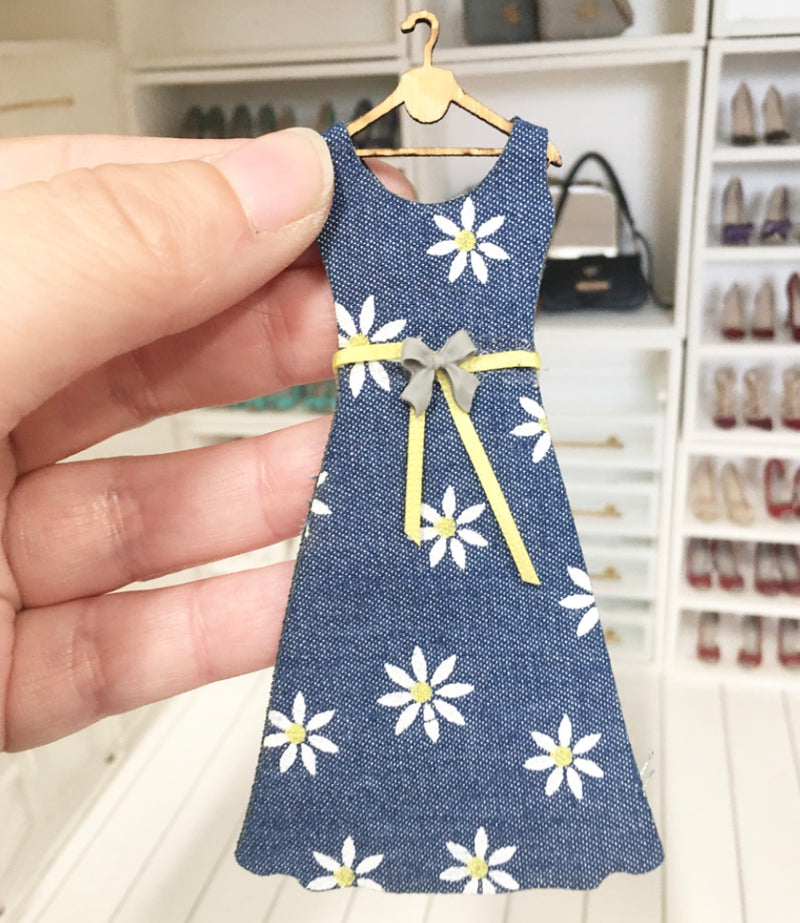 1:12 Scale | Miniature Farmhouse Dress On Hanger Denim Flowers