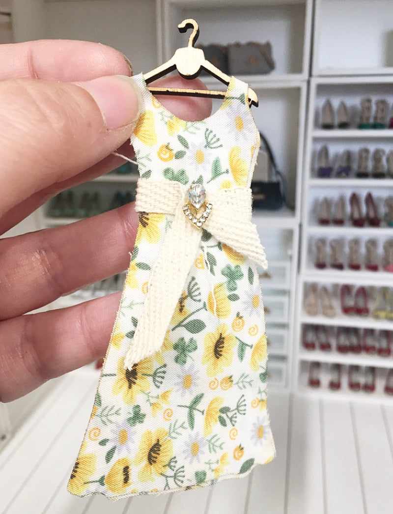 1:12 Scale | Miniature Farmhouse Dress On Hanger Yellow Flowers