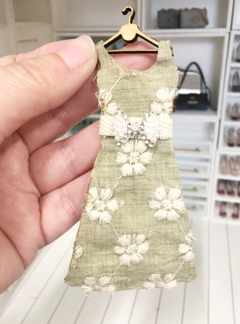 1:12 Scale | Miniature Farmhouse Dress On Hanger Olive Embroidered