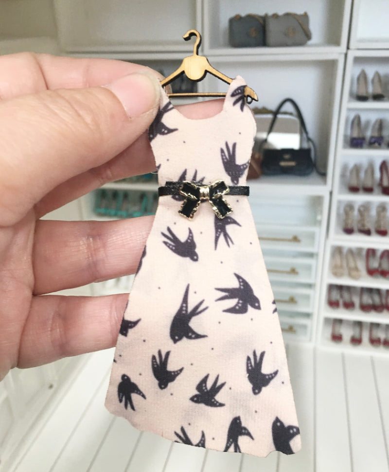 1:12 Scale | Miniature Farmhouse Dress On Hanger Pink Swallows