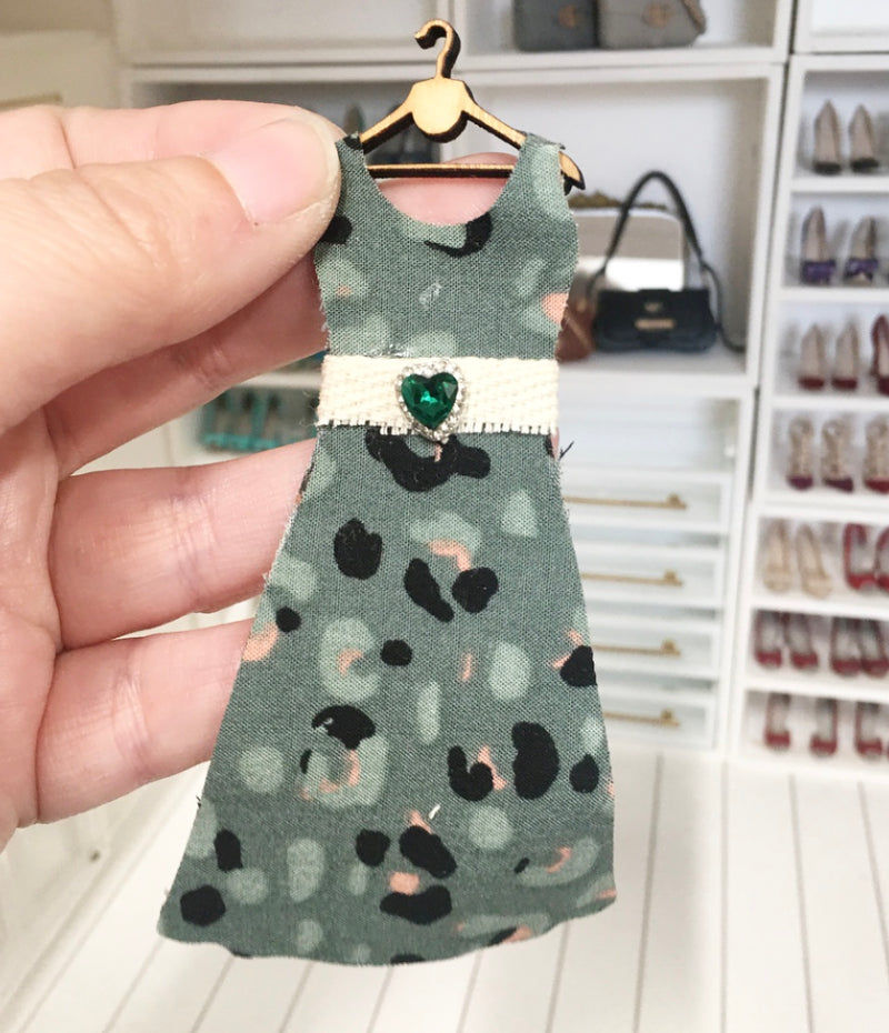 1:12 Scale | Miniature Farmhouse Dress On Hanger Green Leopard