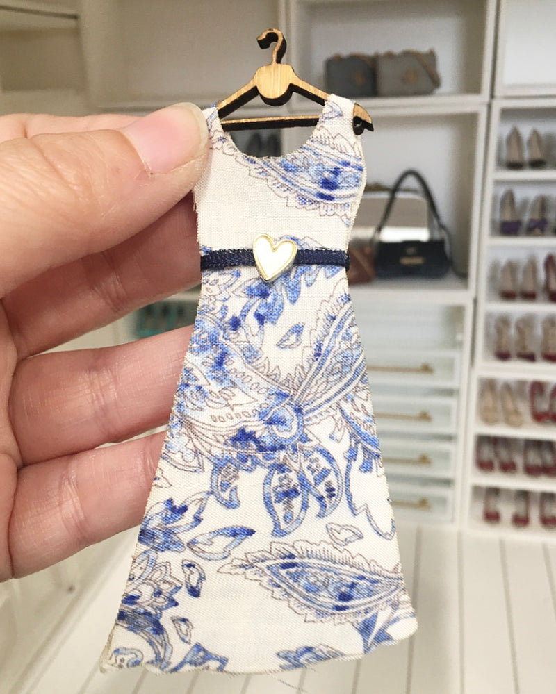 1:12 Scale | Miniature Farmhouse Dress On Hanger Blue & White