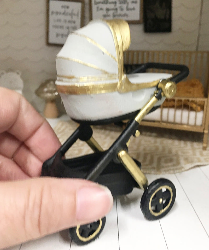 1:12 Scale | Miniature Farmhouse Pram Grey & Gold