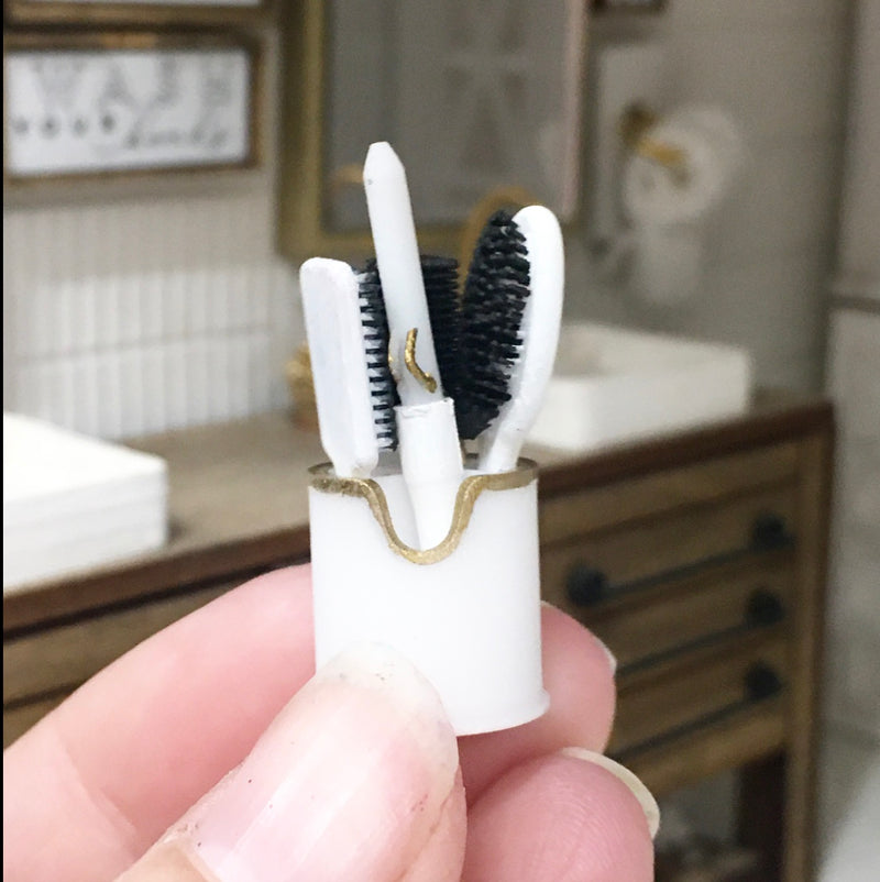 1:12 Scale | Miniature Farmhouse White Hair Brushes & Curling Iron Set