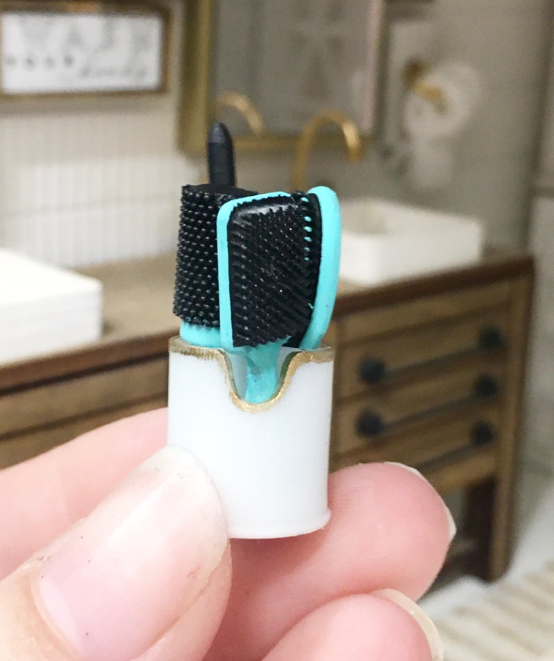 1:12 Scale | Miniature Farmhouse Mint Hair Brushes & Curling Iron Set