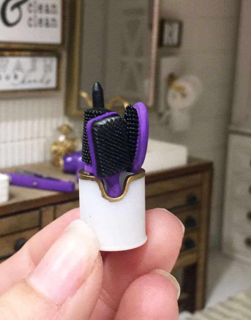 1:12 Scale | Miniature Farmhouse Purple Hair Brushes & Curling Iron Set