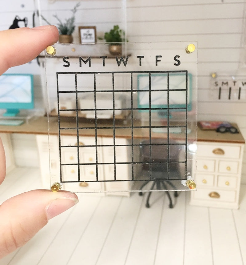 1 :12 Scale | Miniature Farmhouse Dollhouse Office Wall Calendar Black & Clear