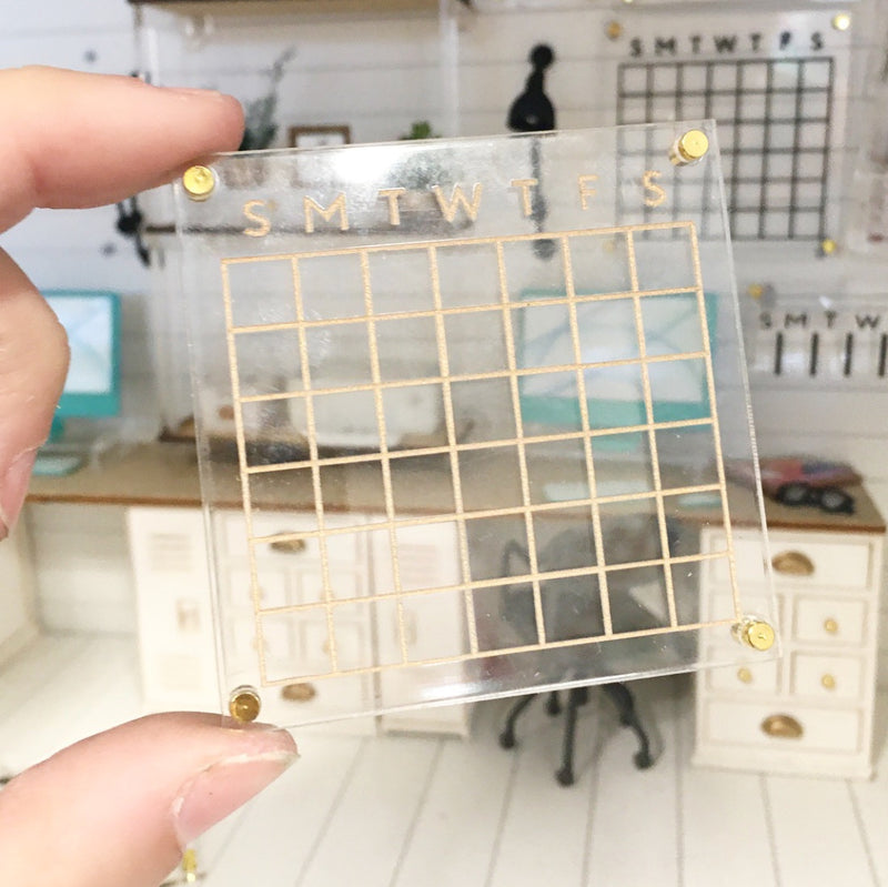 1 :12 Scale | Miniature Farmhouse Dollhouse Office Wall Calendar Gold & Clear