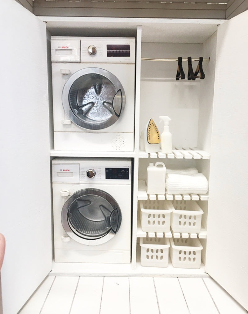 1:12 Scale | Miniature Farmhouse Laundry Washer & Dryer Cupboard Complete