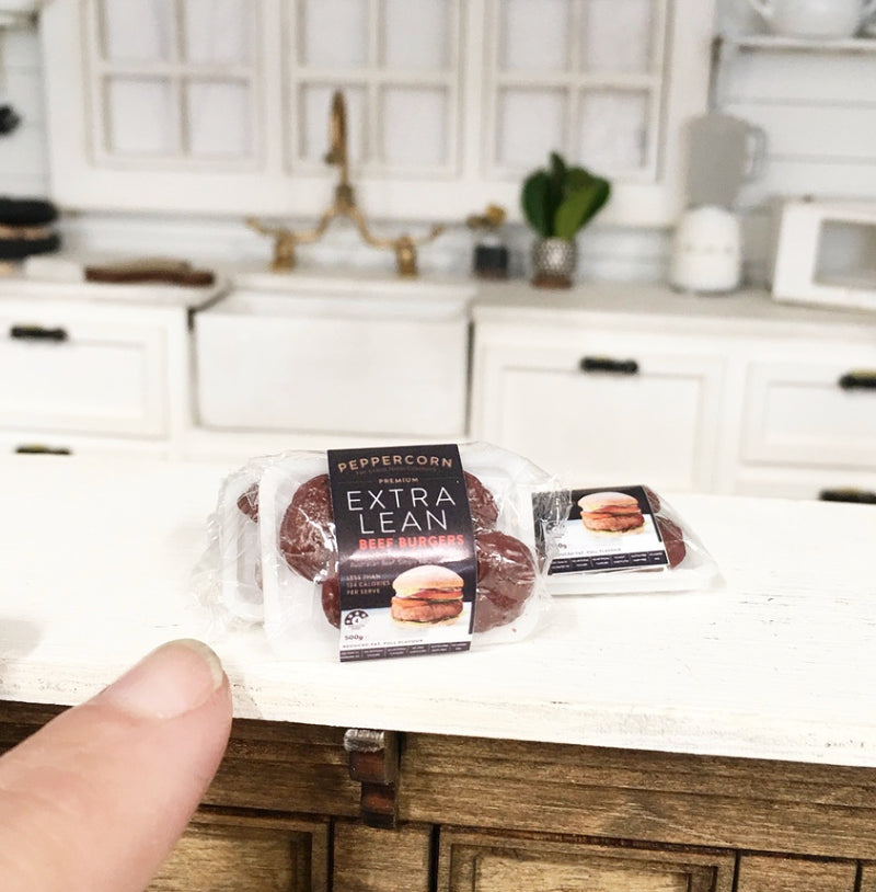 1:12 Scale | Miniature Farmhouse Wrapped Meat on Tray Ground Beef Patties