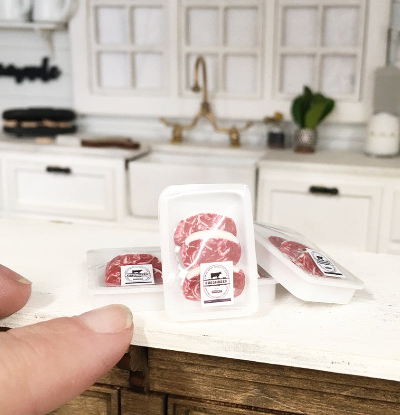 1:12 Scale | Miniature Farmhouse Wrapped Meat On Tray Fillet Steaks