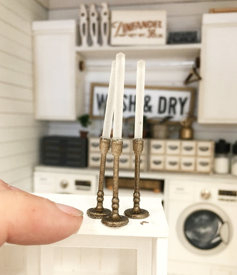 1:12 Scale | Miniature Farmhouse Thin Candlesticks Set of 3 Bronze