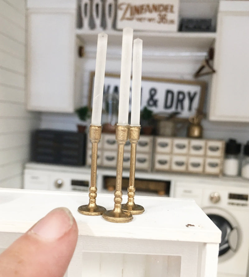 1:12 Scale | Miniature Farmhouse Thin Candlesticks Set of 3 Gold