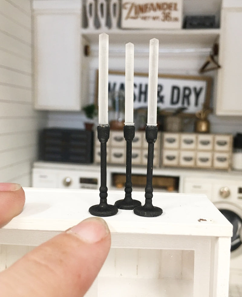 1:12 Scale | Miniature Farmhouse Thin Candlesticks Set of 3 Matte Black