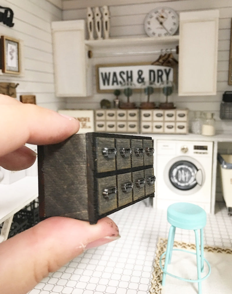 1:12 Scale | Miniature Farmhouse 8 Draw Mini Distressed Cabinet Black