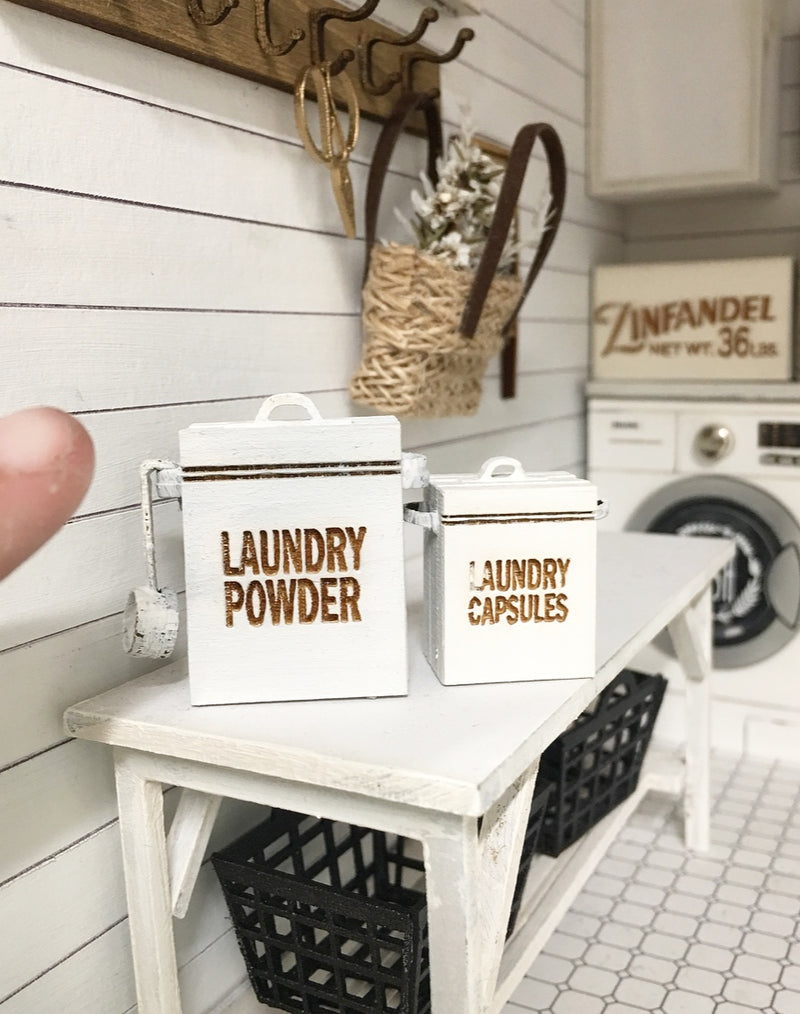 1:12 Scale | Miniature Farmhouse Laundry Powder & Capsules Canisters White