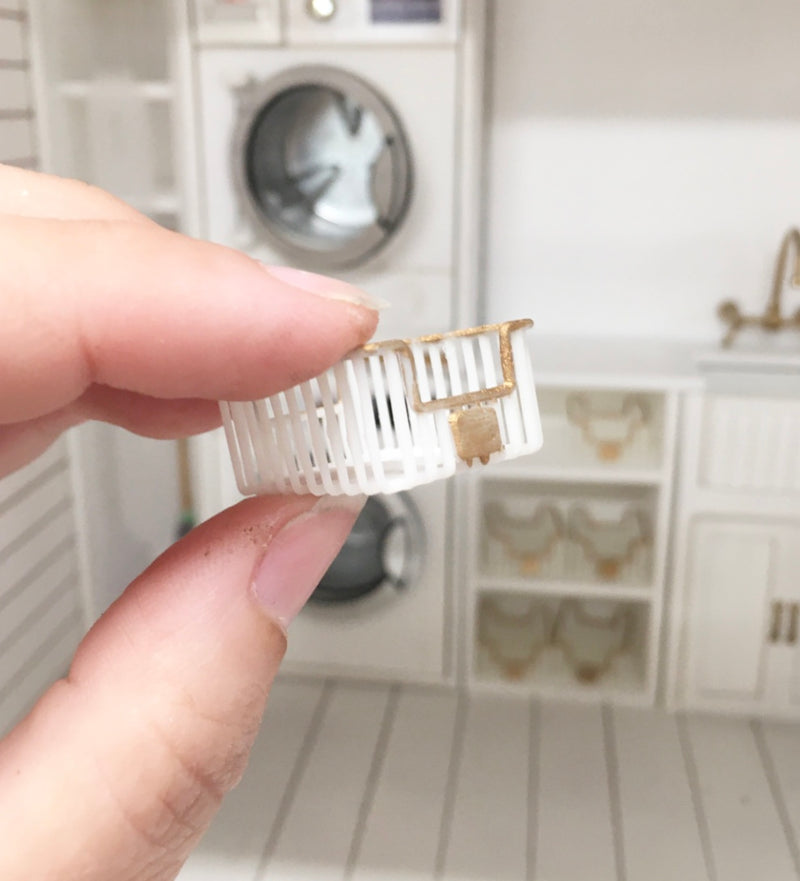 1:12 Scale | Miniature Dollhouse White wire basket with gold detail