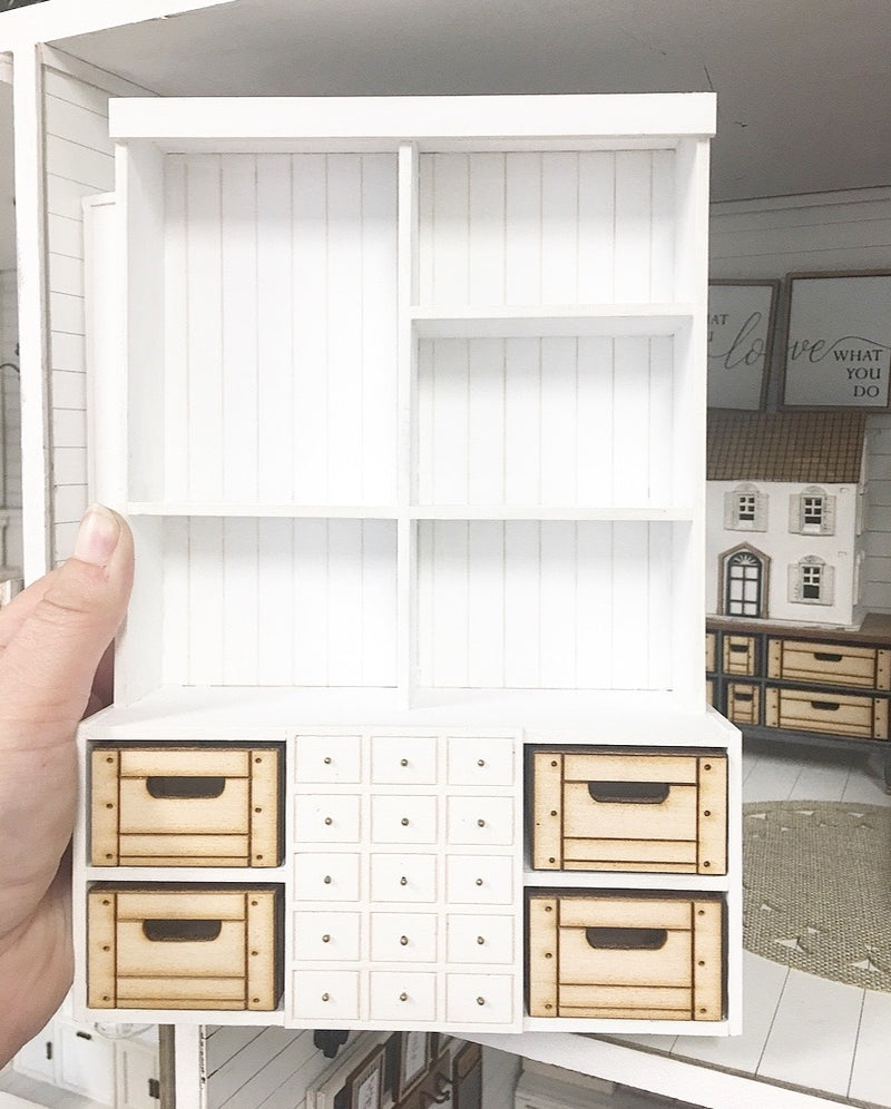 1:12 Scale | Miniature Farmhouse Bookcase With Wooden Crate