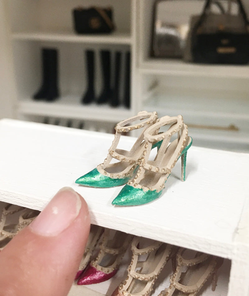 1:12 Scale | Miniature Farmhouse Shoes Valentino Rockstar Pumps Emerald iridescent