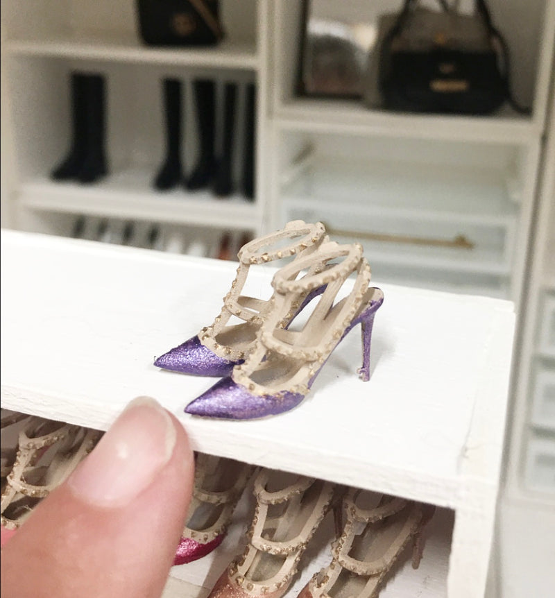 1:12 Scale | Miniature Farmhouse Shoes Valentino Rockstar Pumps Lavender iridescent