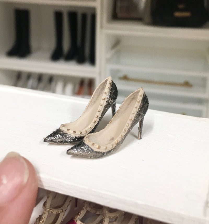 1:12 Scale | Miniature Farmhouse Shoes Valentino Rockstar High Heels Black Sparkle