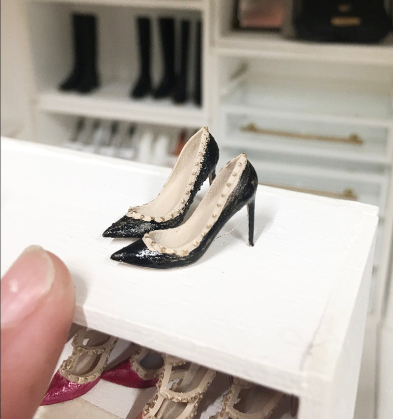 1:12 Scale | Miniature Farmhouse Shoes Valentino Rockstar High Heels Black