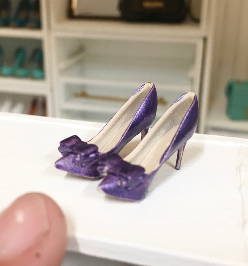1:12 Scale | Miniature Farmhouse Shoes Bow Pumps Bright Purple