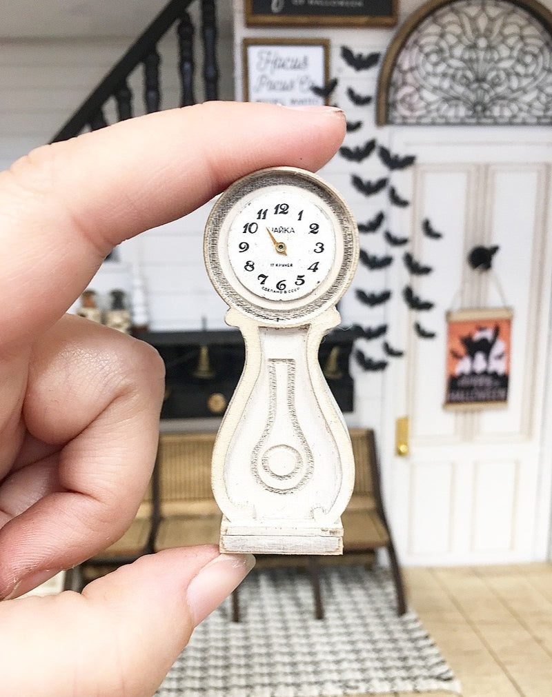 1 :12 Scale | Miniature Farmhouse Distressed Table Mora Clock Distressed White