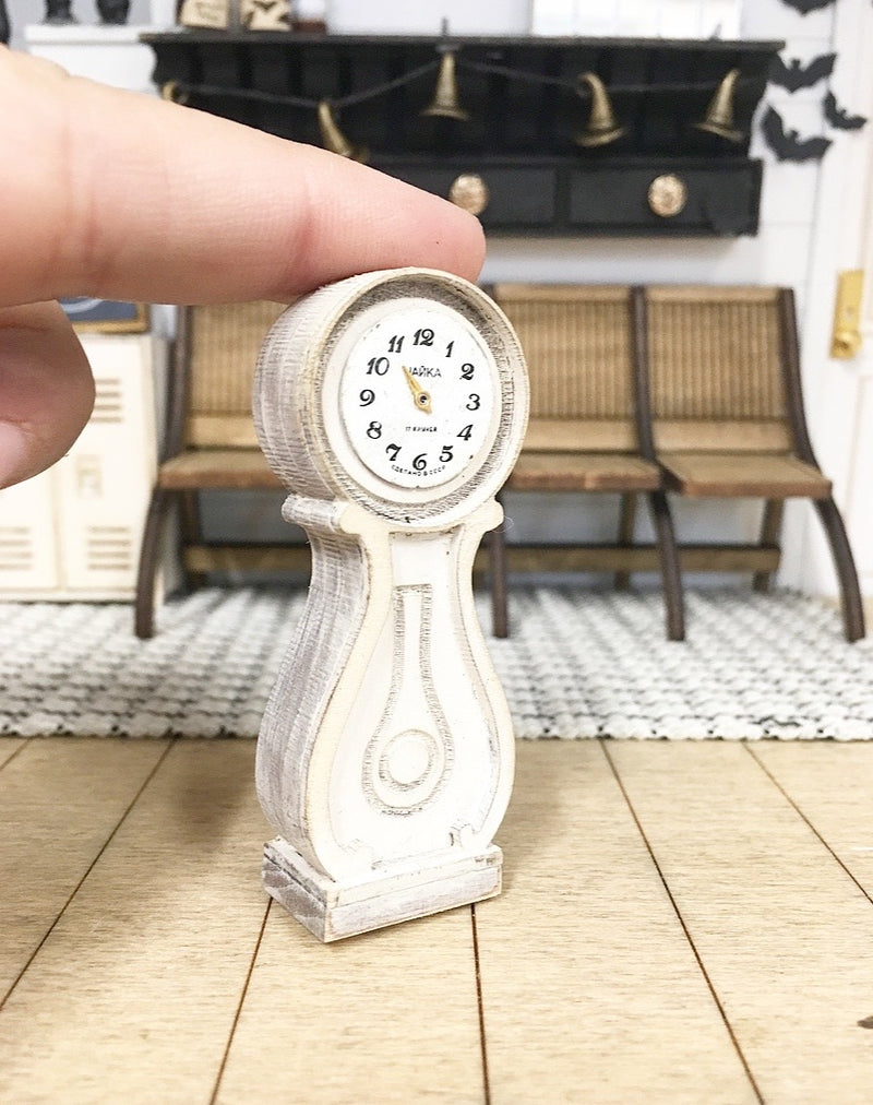 1 :12 Scale | Miniature Farmhouse Distressed Table Mora Clock Distressed White