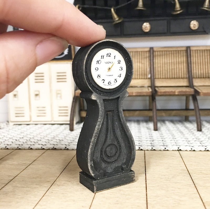 1 :12 Scale | Miniature Farmhouse Distressed Table Mora Clock Black