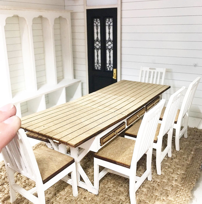 1 :12 Scale | Miniature Farmhouse Extendable White & Wood Table