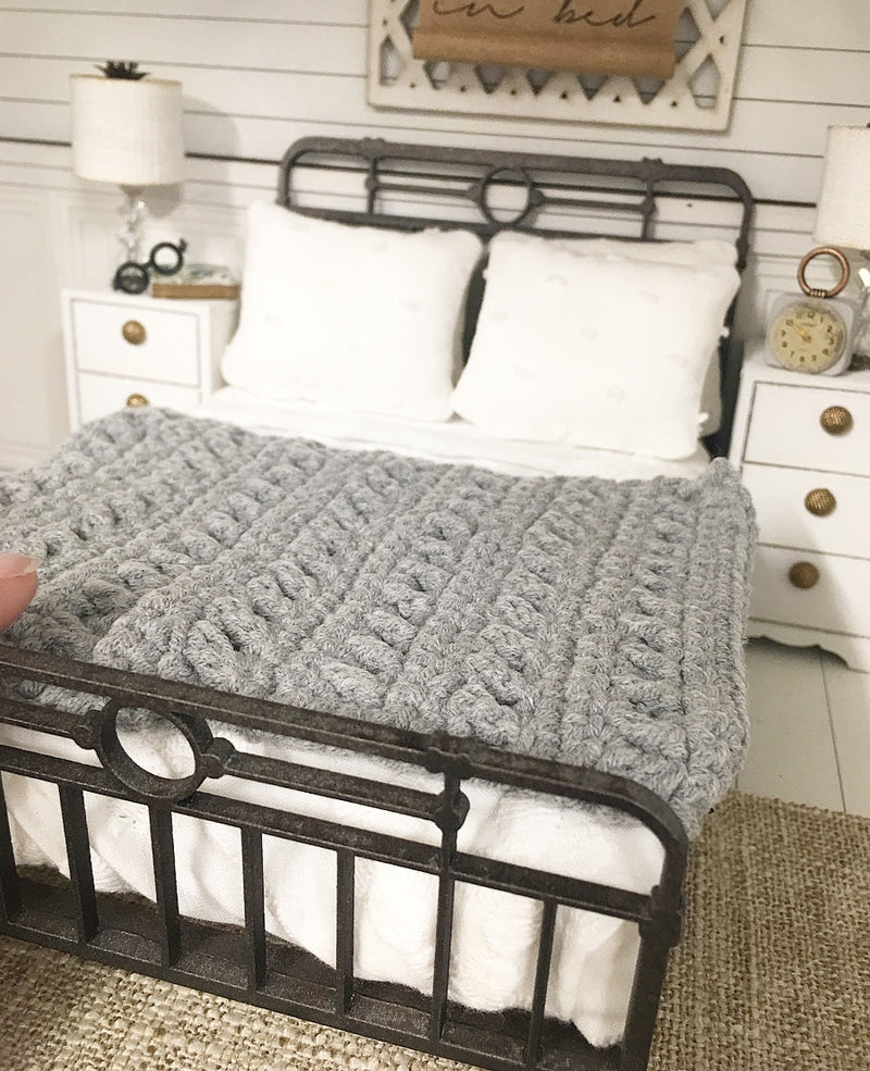 Miniature 1:12 | Miniature Hand Crocheted Bed Blanket Grey