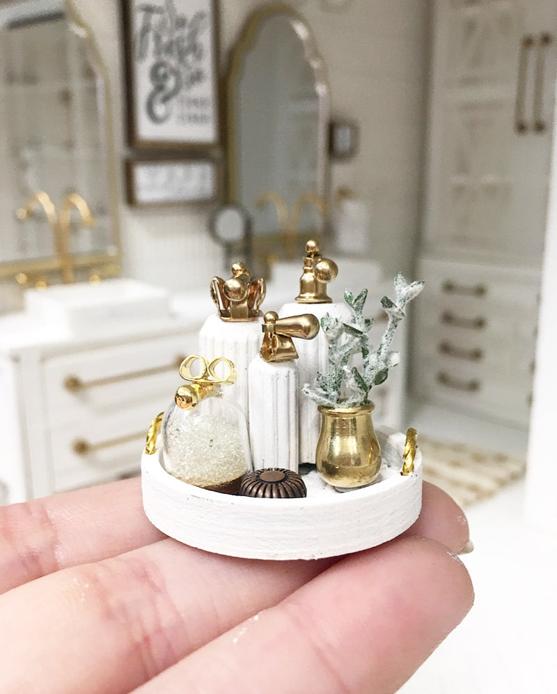 1:12 Scale | Miniature Farmhouse Bathroom Wicker Tray with Accessories