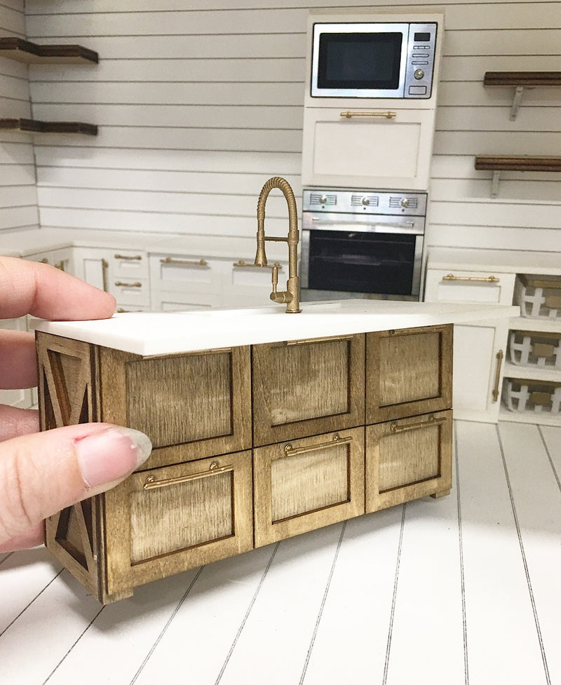 1:12 Scale | Miniature Farmhouse Kitchen Small Island with Sink