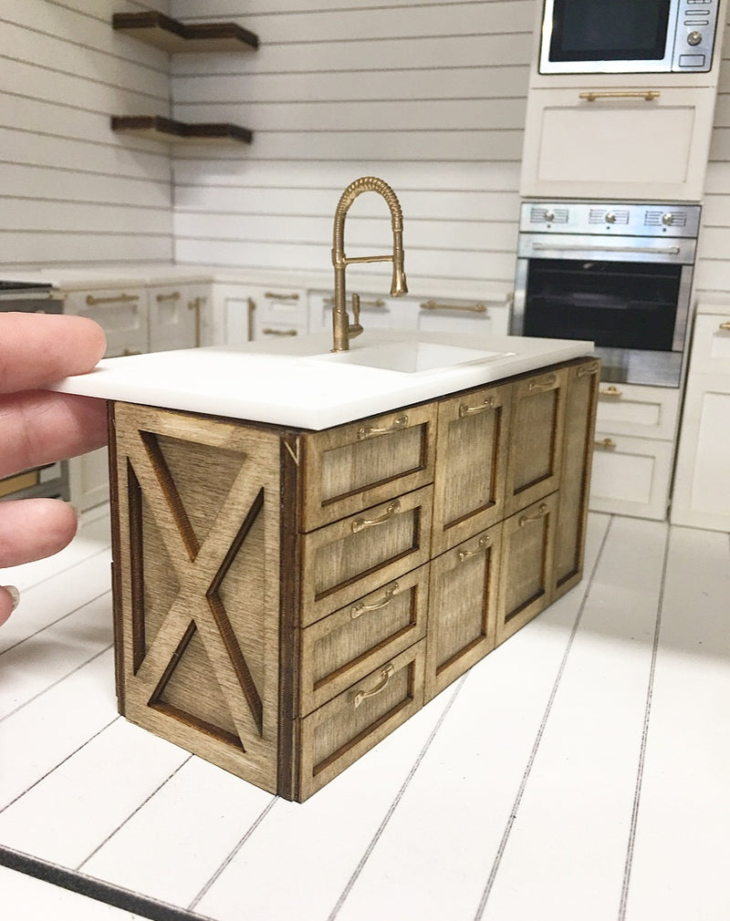 1:12 Scale | Miniature Farmhouse Kitchen Small Island with Sink