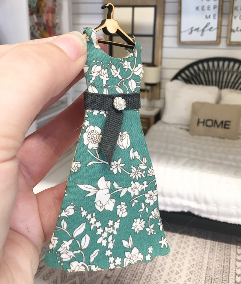 1:12 Scale | Miniature Farmhouse Dress On Hanger Green Flowers