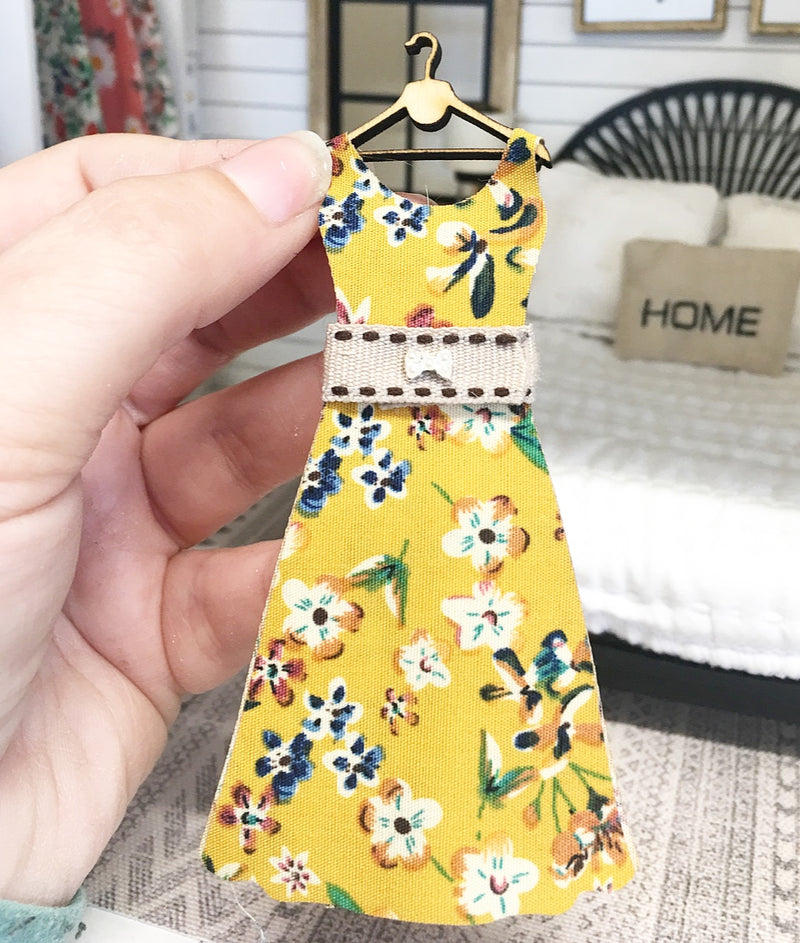 1:12 Scale | Miniature Farmhouse Dress On Hanger Mustard Flowers