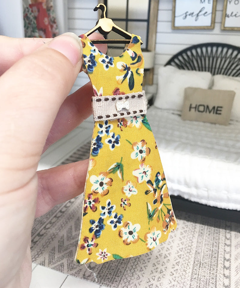 1:12 Scale | Miniature Farmhouse Dress On Hanger Mustard Flowers