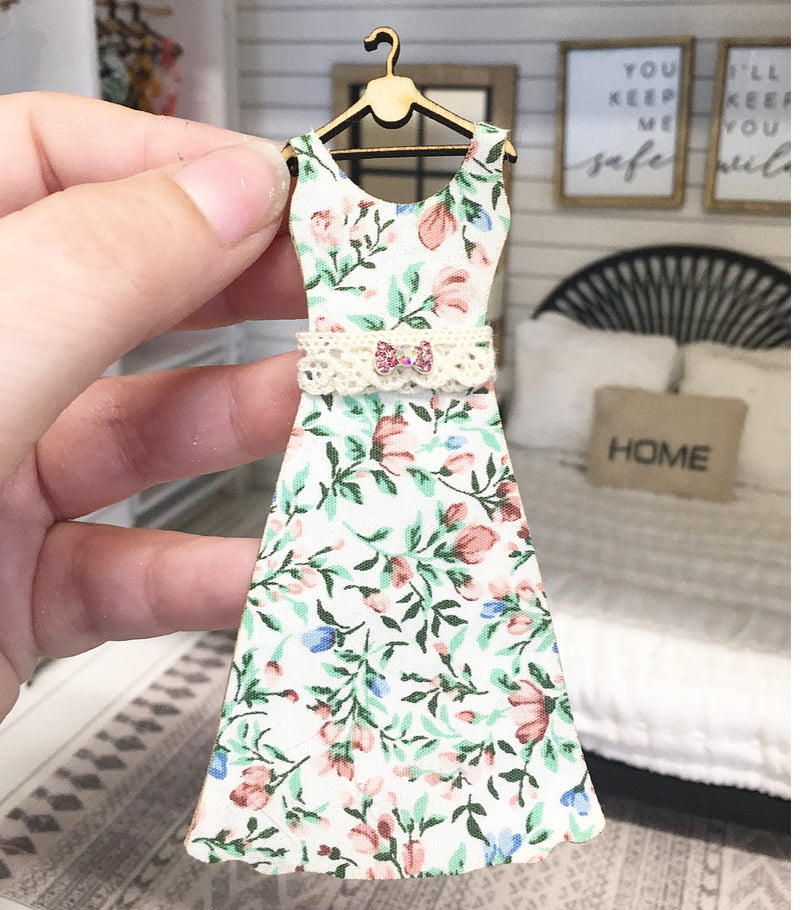 1:12 Scale | Miniature Farmhouse Dress On Hanger Pink Blue Flowers