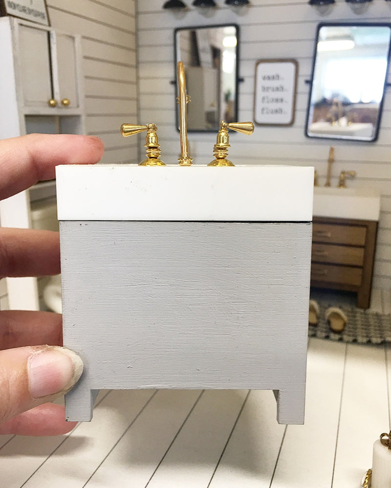 1:12 Scale | Miniature Farmhouse Cross Single Vanity Light Grey