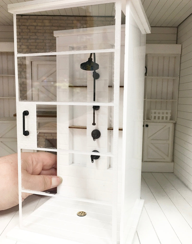 Miniature Dollhouse 1:12 Scale | Miniature Farmhouse Single White Shower White & Black