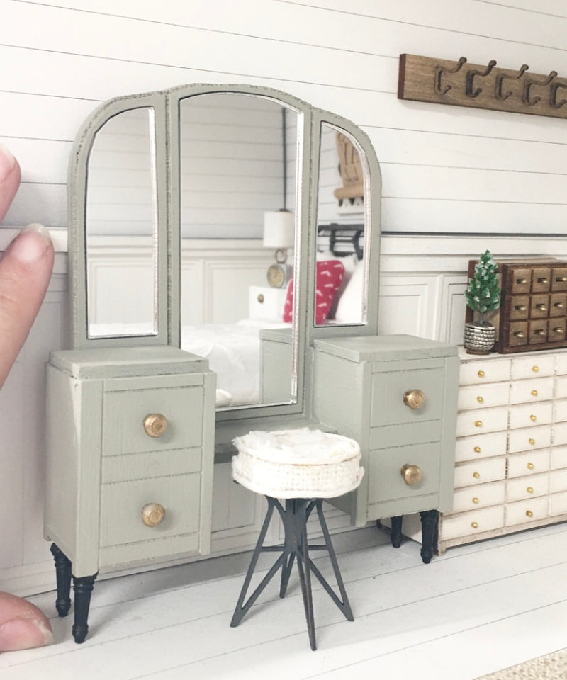 1:12 Scale | Miniature Farmhouse Vanity Table & Stool | French Green