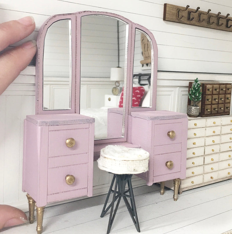 1:12 Scale | Miniature Farmhouse Vanity Table & Stool | Rose Pink