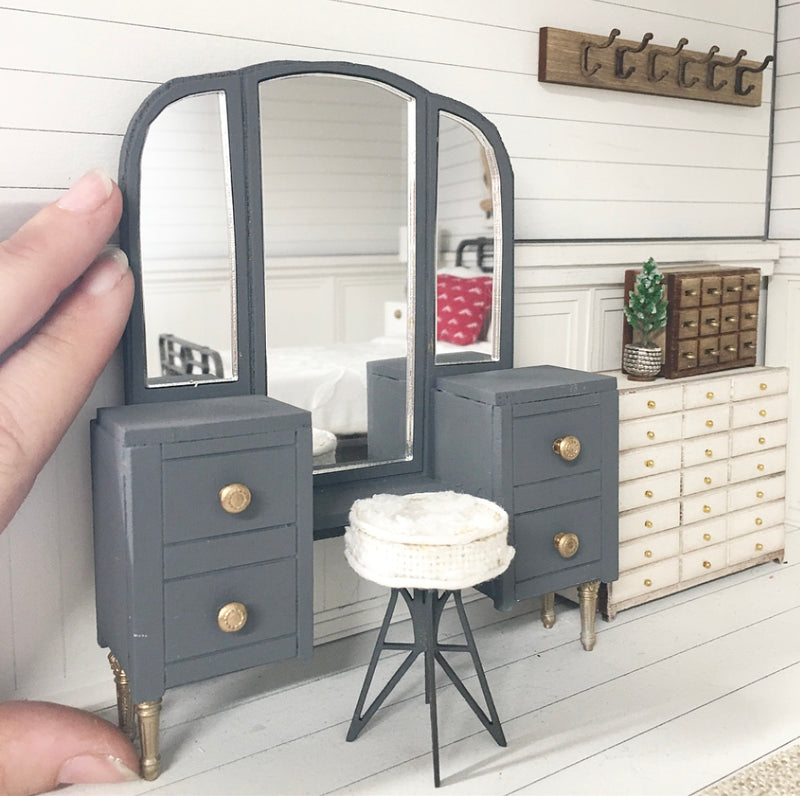 1:12 Scale | Miniature Farmhouse Vanity Table & Stool | Charcoal Grey